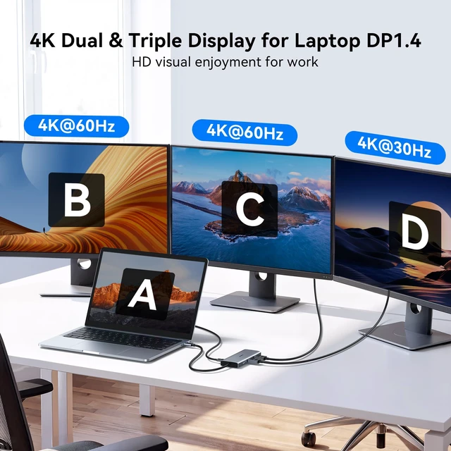 Alt view image 4 of 7 - Laptop USB C Docking Station Dual HDMI Monitors 8K USB C Video USB-C Hub Docking Station 3 Monitors Triple 4K Display USB C to 2 HDMI with USB-C Video 3*10G USB Port PD Ethernet for Dell HP Laptop