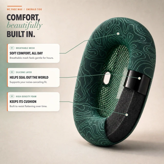 Alt view image 3 of 7 - PadZ Max - Ear Cushions for AirPods Max 1 & 2 Made by Wicked Cushions Soft Fabric, Enhanced Comfort & Unique Style Emerald Tide