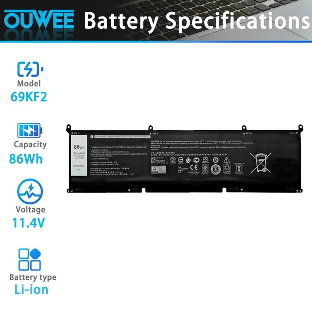 Alt view image 2 of 5 - 86Wh 69KF2 Battery Replacement for Dell G7 15 7500 G15 5510 5511 5515 5520 5521 XPS 15 9500 9510 9520 Precision 5550 5560 5570 Alienware M15 R3 R4 M17 R3 R4 Inspiron 7510 7610 7620 P87F P91F