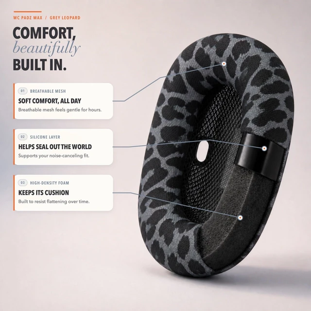 Alt view image 3 of 7 - PadZ Max - Ear Cushions for AirPods Max 1 & 2 Made by Wicked Cushions Soft Fabric, Enhanced Comfort & Unique Style Grey Leopard
