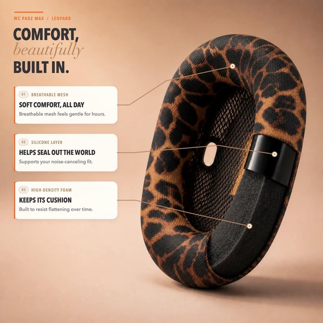 Alt view image 3 of 7 - PadZ Max - Ear Cushions for AirPods Max 1 & 2 Made by Wicked Cushions Soft Fabric, Enhanced Comfort & Unique Style Leopard