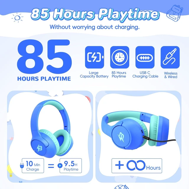 Alt view image 2 of 7 - Kids Bluetooth Headphones, 85H Playtime for Toddler Boys (Azure No LED) Over Ear Wireless Headphones for Kids, 85/94dB Safe Volume Limit, Bluetooth 5.4 Built-in Mic for iPad Tablet Travel Airplane