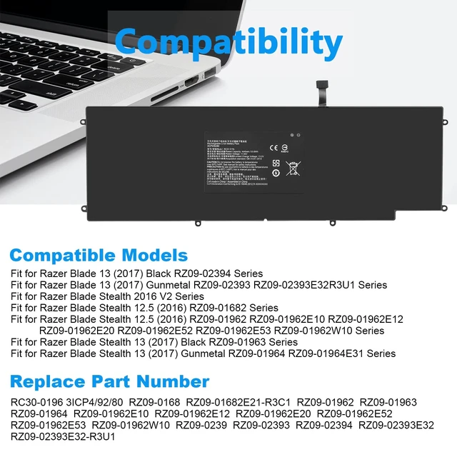 Alt view image 5 of 7 - RC30-0196 Laptop Battery for Razer Blade Stealth 2016 v2 2017 i7-7500U i7-8550u 13.3" RZ09-01962W10 RZ09-0239 RZ09-02393E31 RZ09-01962E52 RZ09-01962E53 RZ09-01962E20 RZ09-01962E10 RZ09-01962E12