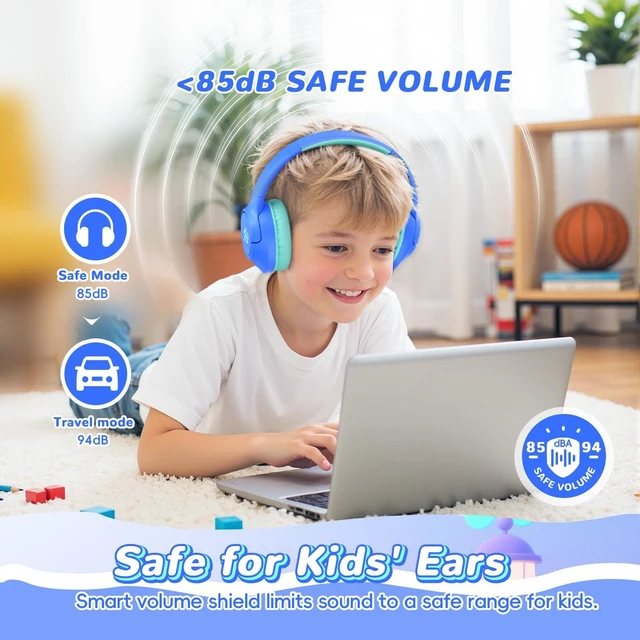Alt view image 3 of 7 - Kids Bluetooth Headphones, 85H Playtime for Toddler Boys (Azure No LED) Over Ear Wireless Headphones for Kids, 85/94dB Safe Volume Limit, Bluetooth 5.4 Built-in Mic for iPad Tablet Travel Airplane