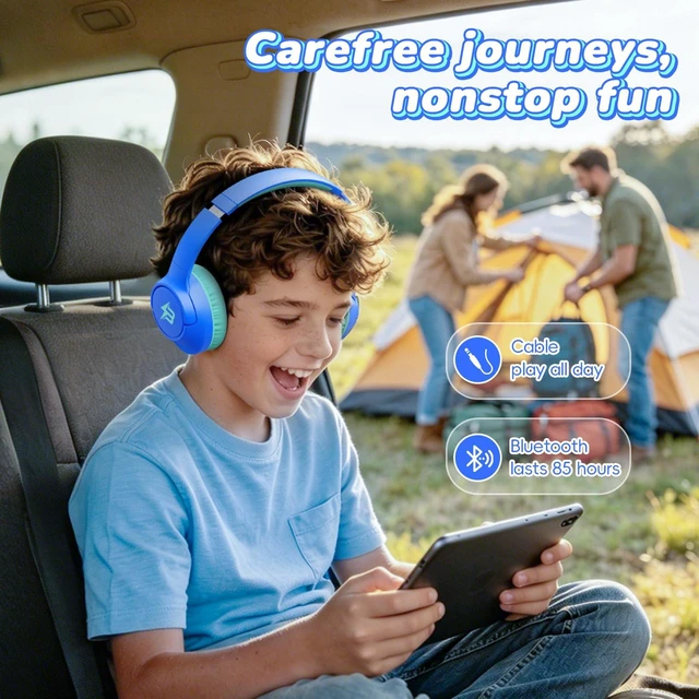 Alt view image 4 of 7 - Kids Bluetooth Headphones, 85H Playtime for Toddler Boys (Azure No LED) Over Ear Wireless Headphones for Kids, 85/94dB Safe Volume Limit, Bluetooth 5.4 Built-in Mic for iPad Tablet Travel Airplane