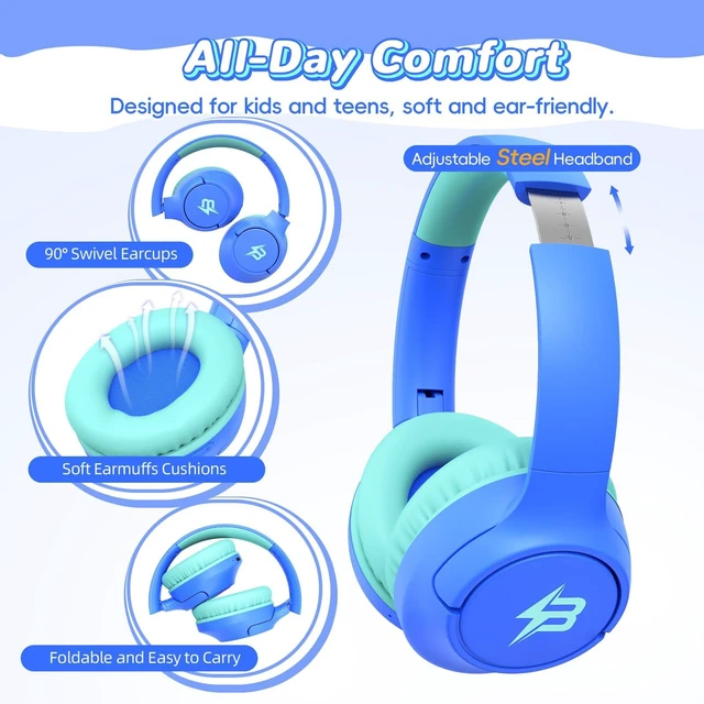 Alt view image 6 of 7 - Kids Bluetooth Headphones, 85H Playtime for Toddler Boys (Azure No LED) Over Ear Wireless Headphones for Kids, 85/94dB Safe Volume Limit, Bluetooth 5.4 Built-in Mic for iPad Tablet Travel Airplane