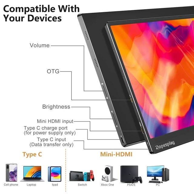 Alt view image 6 of 7 - 15.6" Touchscreen Portable Monitor with 5000mAh Battery, 1080P IPS Second Display Screen Extender, USB-C & HDMI for Laptop, MacBook, Phone, PS4/5, Xbox, Switch (No Touch on iPhone)