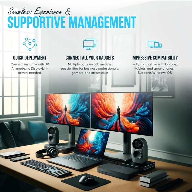 Alt view image 5 of 6 - Dell D3100 USB 3.0 Docking Station, 65W 4K Triple Display Dual Monitor Dock Ultra HD 4K Resolution Experience sharp visuals for work, streaming, and multitasking