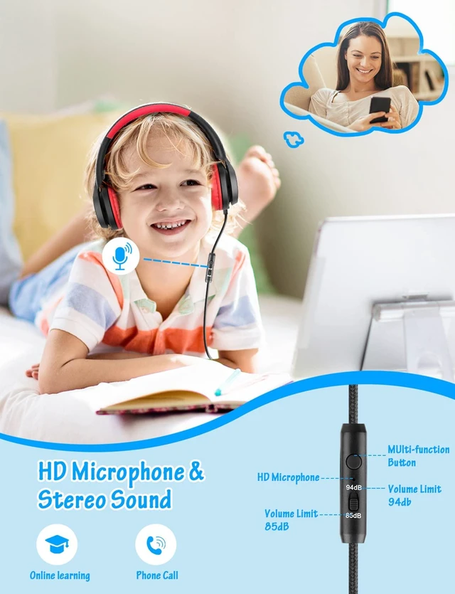 Alt view image 2 of 7 - Kids Headphones with Microphone, Wired Over Ear Headsets with Limited Volume 85dB/ 94dB for Boys Girls Teens Children Online School/Travel/iPad/Tablet/Cellphone