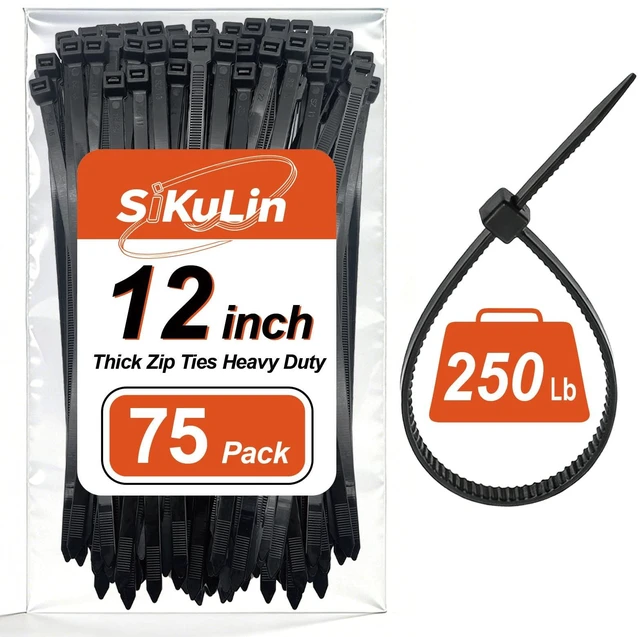 Main image of Thick Zip Ties Heavy Duty, 12 inch, Black, 250 lb High Strength, 75 Pack, Heavy Duty Zip Ties for Outdoor Use, Extra Wide & Strong UV Resistant Cable Ties, Wire Ties
