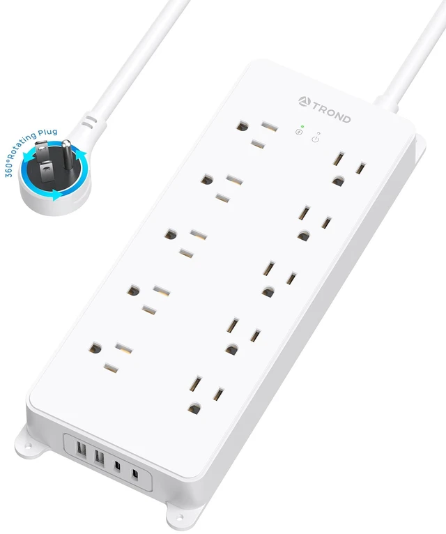 Main image of 360° Rotating Plug Surge Protector Power Strip, 4000J, ETL Listed 2 USB A and 2 USB C, 10 Widely Spaced Outlets, Flat Plug 5ft Extension Cord, Wall Mountable, for Home Office, White