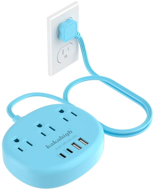 Main image of Blue Extension Cord with USB C - 5 FT Flat Extension Cord 1625W Cute Extension Cord with 3 AC Outlet 4 USB (24W/4.8A), Compact for Cute Blue Kawaii Desk Accessories