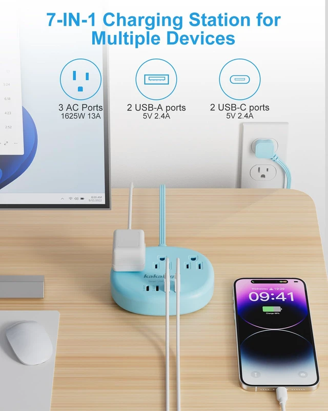 Alt view image 3 of 7 - Blue Extension Cord with USB C - 5 FT Flat Extension Cord 1625W Cute Extension Cord with 3 AC Outlet 4 USB (24W/4.8A), Compact for Cute Blue Kawaii Desk Accessories