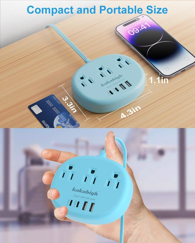 Alt view image 5 of 7 - Blue Extension Cord with USB C - 5 FT Flat Extension Cord 1625W Cute Extension Cord with 3 AC Outlet 4 USB (24W/4.8A), Compact for Cute Blue Kawaii Desk Accessories