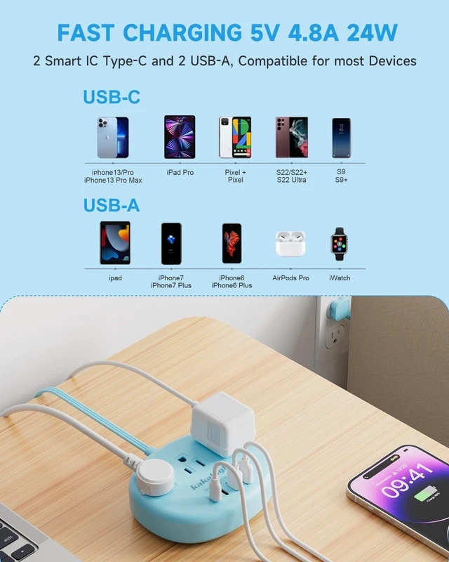 Alt view image 4 of 7 - Blue Extension Cord with USB C - 5 FT Flat Extension Cord 1625W Cute Extension Cord with 3 AC Outlet 4 USB (24W/4.8A), Compact for Cute Blue Kawaii Desk Accessories