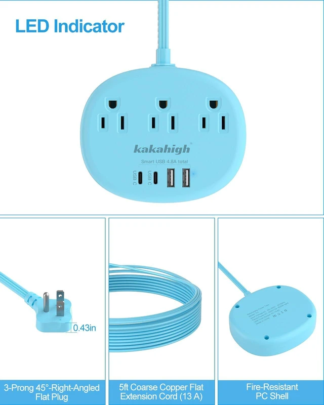 Alt view image 6 of 7 - Blue Extension Cord with USB C - 5 FT Flat Extension Cord 1625W Cute Extension Cord with 3 AC Outlet 4 USB (24W/4.8A), Compact for Cute Blue Kawaii Desk Accessories