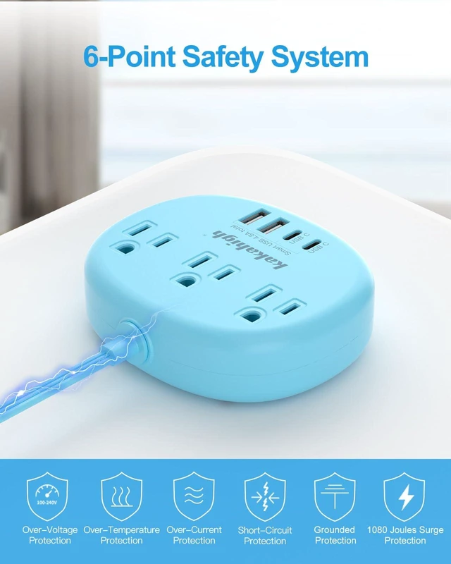 Alt view image 7 of 7 - Blue Extension Cord with USB C - 5 FT Flat Extension Cord 1625W Cute Extension Cord with 3 AC Outlet 4 USB (24W/4.8A), Compact for Cute Blue Kawaii Desk Accessories