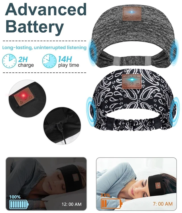 Alt view image 3 of 6 - 2-Pack Sleeping Headphones, Headband Headphones with Thin Speakers Wireless Bluetooth Headband for Running Sports Workouts Yoga Travel Meditation Gift for Men Women - Gray&Pattern Black