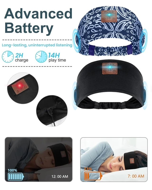 Alt view image 3 of 6 - 2-Pack Sleeping Headphones, Headband Headphones with Thin Speakers Wireless Bluetooth Headband for Running Sports Workouts Yoga Travel Meditation Gift for Men Women - Pattern Blue&Black