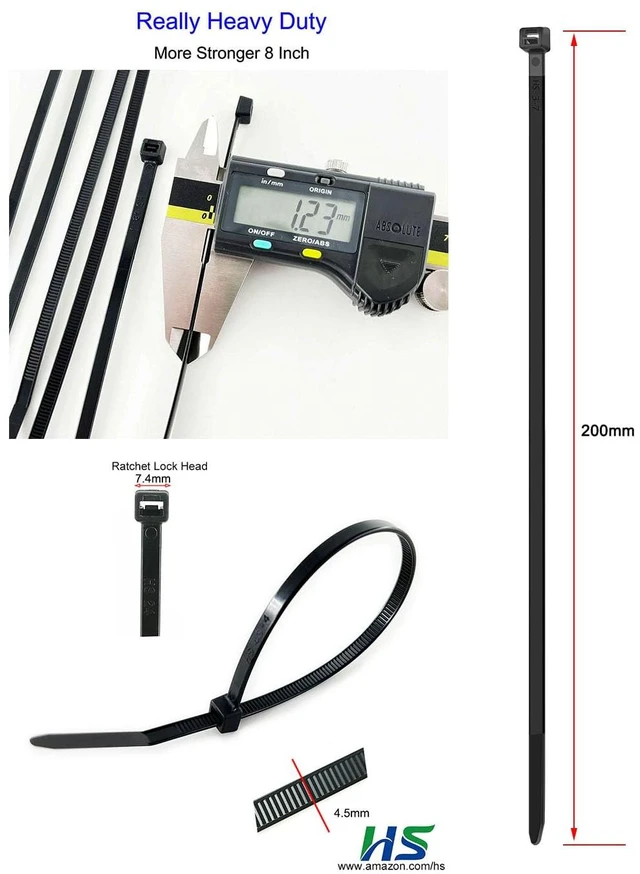 Alt view image 2 of 6 - Thick Zip Ties 8 Inch x 3/16" (Bulk-500 Count) UV Black Cable Tie 50 LBS Heavy Duty Self-Locking Strap Zipties for Automotive,Outdoor Fence Purpose