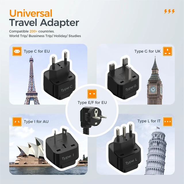 Alt view image 2 of 6 - 220V to 110V Travel Voltage Converter, Black 4 USB Ports (1 USB C), 3 AC Outlets, EU UK AU IT Universal Adaptor, Step Down Transformer