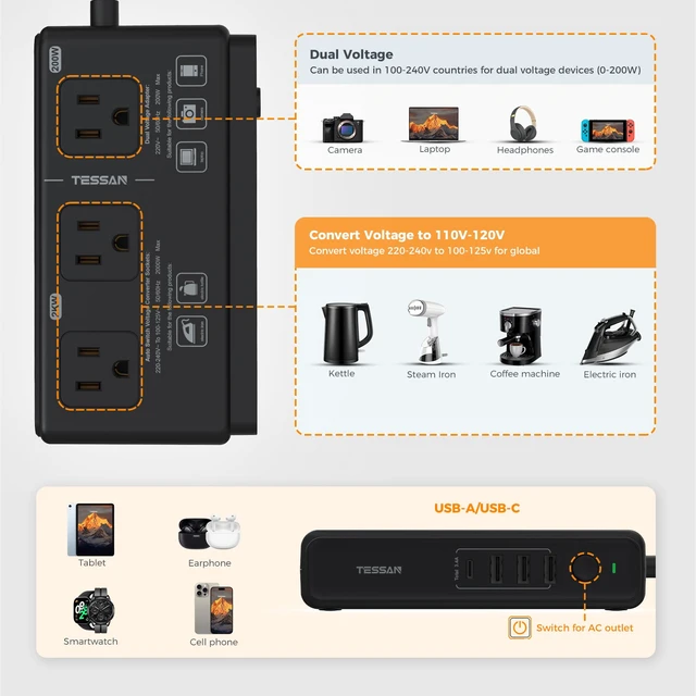 Alt view image 3 of 6 - 220V to 110V Travel Voltage Converter, Black 4 USB Ports (1 USB C), 3 AC Outlets, EU UK AU IT Universal Adaptor, Step Down Transformer