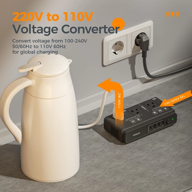 Alt view image 4 of 6 - 220V to 110V Travel Voltage Converter, Black 4 USB Ports (1 USB C), 3 AC Outlets, EU UK AU IT Universal Adaptor, Step Down Transformer