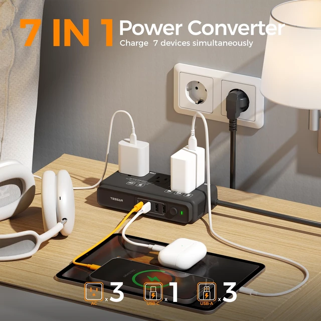 Alt view image 5 of 6 - 220V to 110V Travel Voltage Converter, Black 4 USB Ports (1 USB C), 3 AC Outlets, EU UK AU IT Universal Adaptor, Step Down Transformer