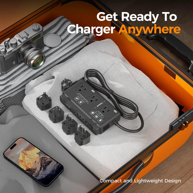 Alt view image 6 of 6 - 220V to 110V Travel Voltage Converter, Black 4 USB Ports (1 USB C), 3 AC Outlets, EU UK AU IT Universal Adaptor, Step Down Transformer