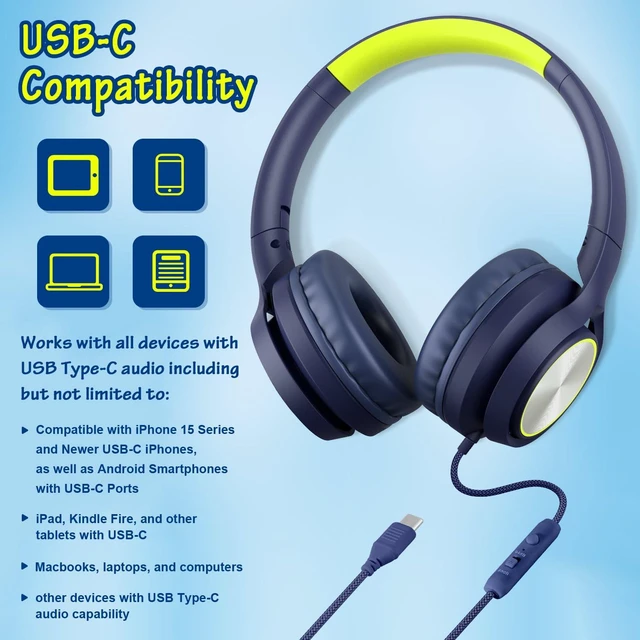 Alt view image 4 of 7 - USB Type C Kids Headphones for School, Wired Over Ear Headsets with Microphone Limited Volume 85dB/ 94dB, Portable USBC Headphones for Kids Teens Children Online School/Travel/iPad/Tablet/Cellphone