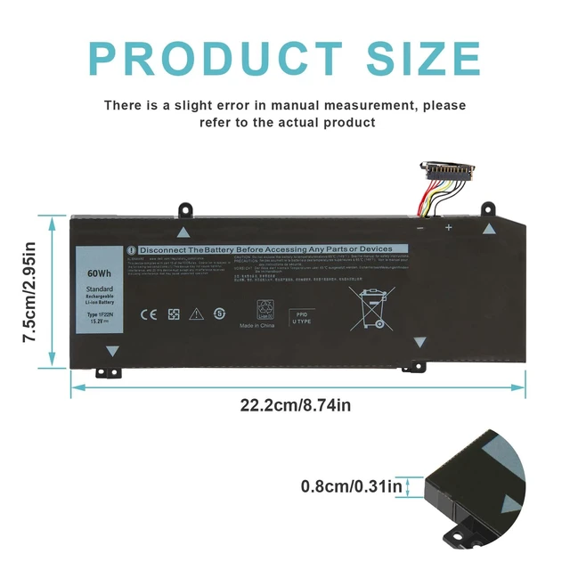 Alt view image 3 of 7 - 1F22N Laptop Battery for Dell Alienware M15 R1 M17 R1, G5 15 5590 5590-D2783W 5590-D2743B D2842W D2843W D2865B G7 15 7590 7790 D2785B ALW15M-D1523S,JJPFK 0JJPFK 06YV0V 08622M HYWXJ 0HYWXJ XRGXX 01F22N