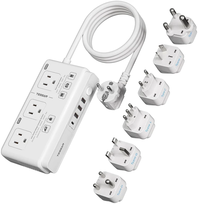 Main image of Voltage Converter US to Europe 220 to 110, Universal Travel Adapter 4 FT, 4 USB Ports (1 USB C), 3 AC and EU UK AU IT IN ZA Plug Power Adapter, Step Down Transformer