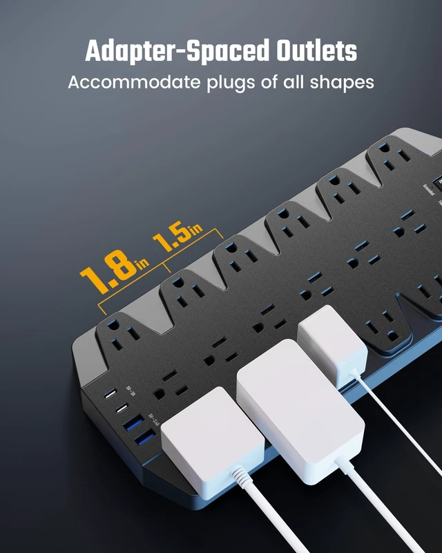 Alt view image 3 of 7 - Power Strip Surge Protector,18 Outlets 15FT Flat Plug 1875W/15A (Pack of 2)