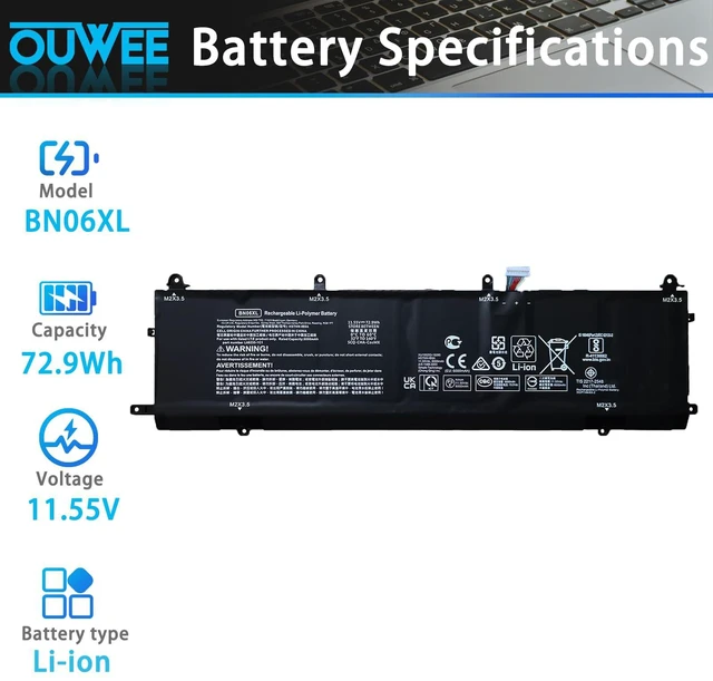 Alt view image 2 of 5 - BN06XL Laptop Battery Compatible with HP Spectre X360 BN06XL 15 15-eb000 15-eb0xxx 15-eb1xxx 15-EB0043DX 15T-EB000 15T-EB100 15T-EB 15-EB Series Series BNO6XL BN06072XL L68235-1C1 72.9Wh 11.55V