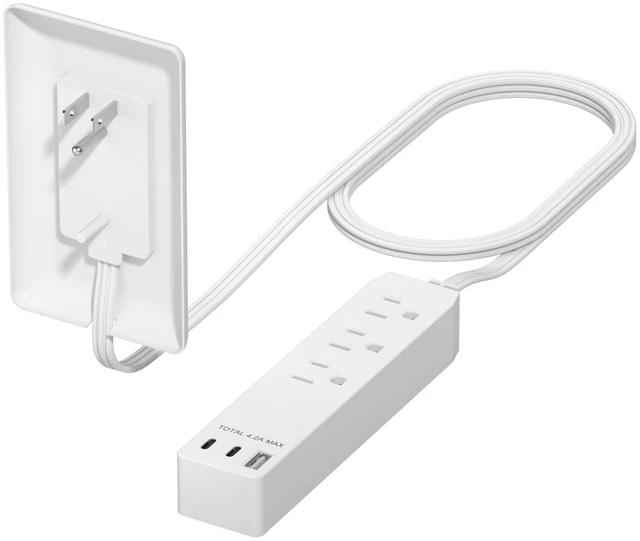 Main image of Outlet Extender with 3 Receptacles, 21W USB-A & 2 USB-C, Flat-Face ETL Listed, 3ft Cord, 1625W, Matte White, 3-Outlet Power Strip, Wall Plate Plug With Cord Extender, Premium Quality