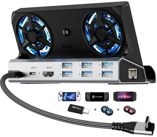 Main image of YCE12-in-1 Steam Deck Dock for ROG Ally X, Steam Deck, Legion Go, Switch Dual 5cm RGB cooling fans, 6USB ports, 4K60Hz HDMI port, 1000Mbps Ethernet port, 100W PD fast charging