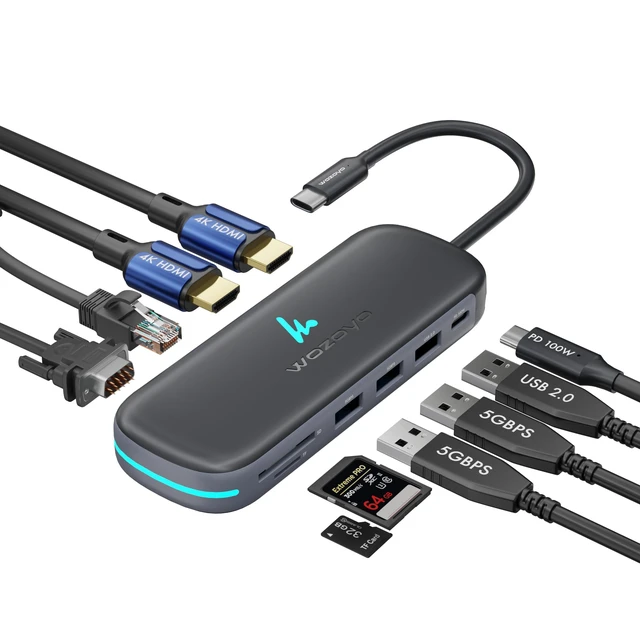 Main image of Type C 10 in 1 Docking Station with 2XUSB 5Gbps, Dual 4K HDMI, VGA, Gigabit Ethernet, USB 2.0, SD & TF, PD 100W, Compatible with Thunderbolt 4, macOS, Windows, Android & iOS