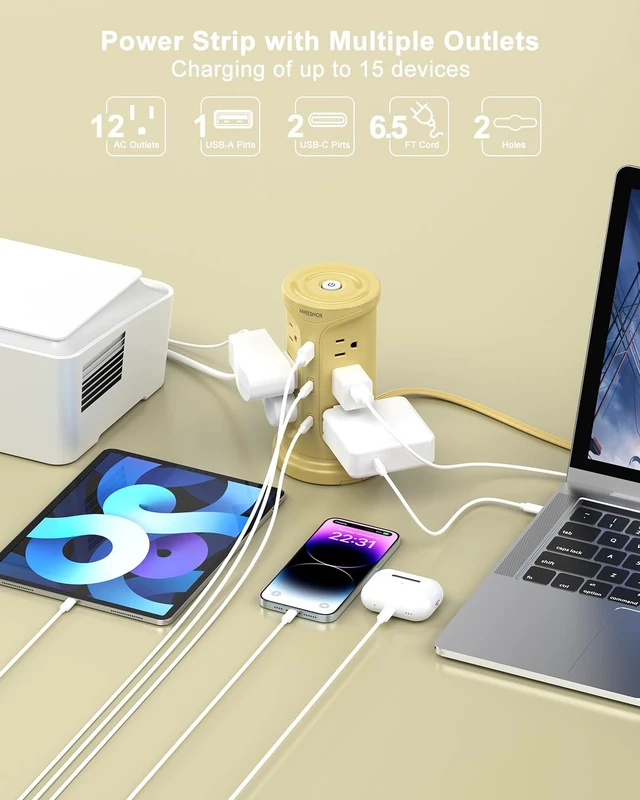 Alt view image 2 of 6 - Surge Protector Power Strip, 6.5FT Extension Cord with Multiple Outlets Power Strip Tower wtih 12 AC 4 USB Ports(2 Type C), Flat Plug Outlet Extender with Screw Wall Mount for Home Office Dorm