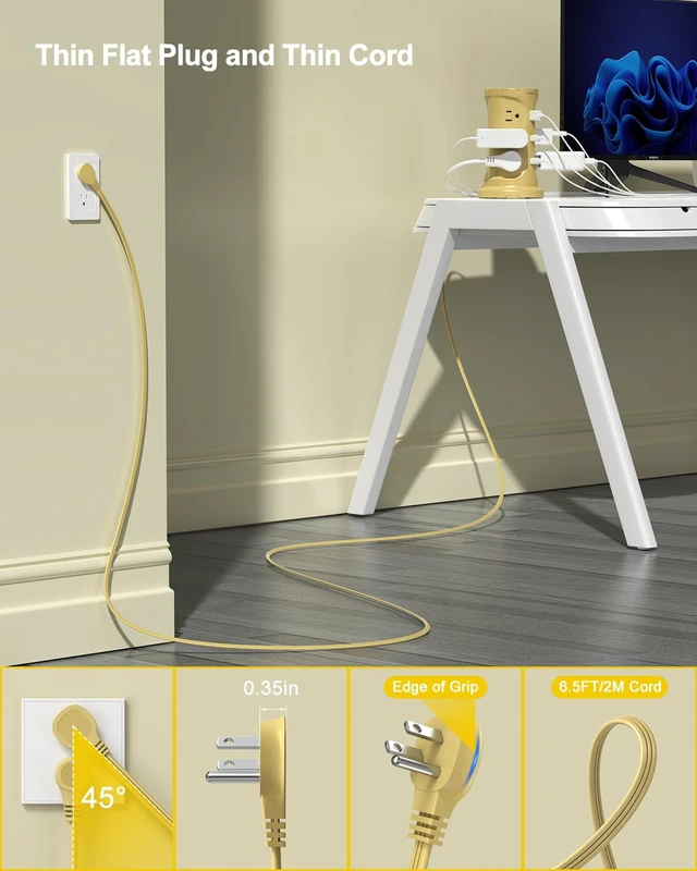 Alt view image 4 of 6 - Surge Protector Power Strip, 6.5FT Extension Cord with Multiple Outlets Power Strip Tower wtih 12 AC 4 USB Ports(2 Type C), Flat Plug Outlet Extender with Screw Wall Mount for Home Office Dorm