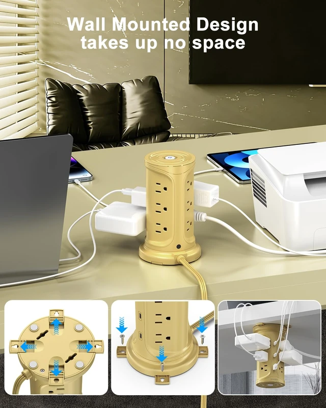 Alt view image 6 of 6 - Surge Protector Power Strip, 6.5FT Extension Cord with Multiple Outlets Power Strip Tower wtih 12 AC 4 USB Ports(2 Type C), Flat Plug Outlet Extender with Screw Wall Mount for Home Office Dorm