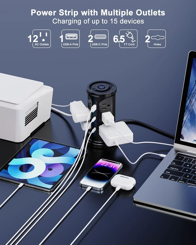 Alt view image 2 of 7 - Tower Surge Protector Power Strip with 12 AC Outlets 3 USB Ports(2 Type C) 6.5 FT Thin Flat Extension Cord with Multiple Outlets, Flat Plug Outlet Extender with Screw Wall Mount for Home Office Dorm