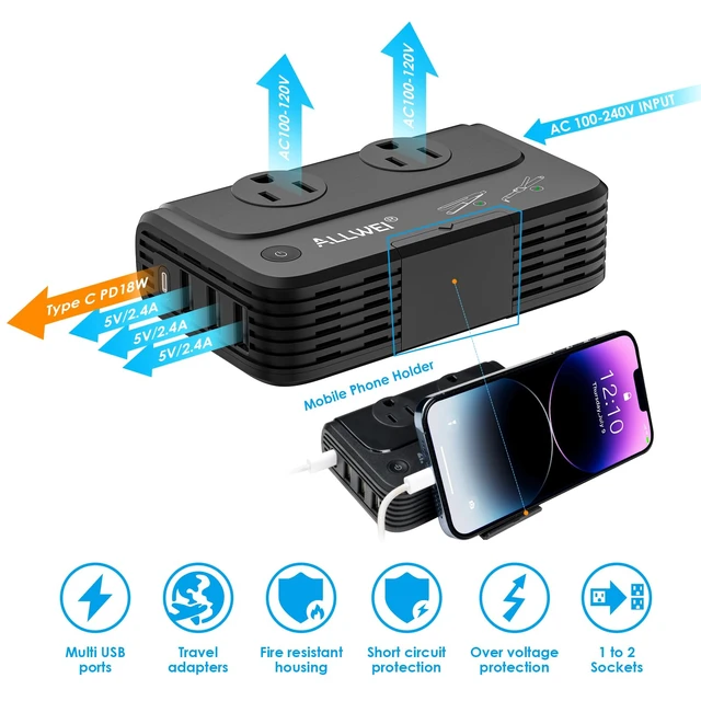 Alt view image 4 of 7 - Travel Voltage Converter 220V to 110V Outlet Converter us to Europe for Hair Straightener/Curling Iron, Universal Power Plug Adapter UK, US, AU, EU, IT, India (Black)