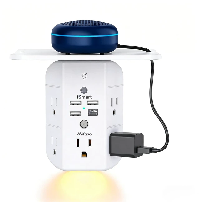 Main image of PD20W Outlet Extender with Shelf & Night Light, Surge Protector 5 AC Outlets, 3 USB-A, 1 USB-C, 3-Sided Wide-Space, Multi-Plug Outlet Splitter, 1800J, Ideal for Office, Dorm, RV, Travel