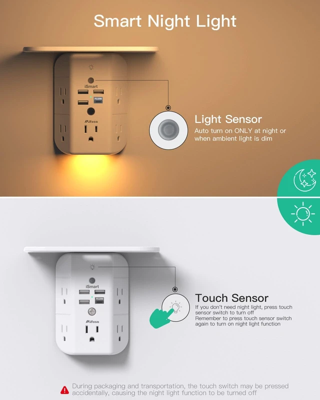 Alt view image 6 of 6 - PD20W Outlet Extender with Shelf & Night Light, Surge Protector 5 AC Outlets, 3 USB-A, 1 USB-C, 3-Sided Wide-Space, Multi-Plug Outlet Splitter, 1800J, Ideal for Office, Dorm, RV, Travel