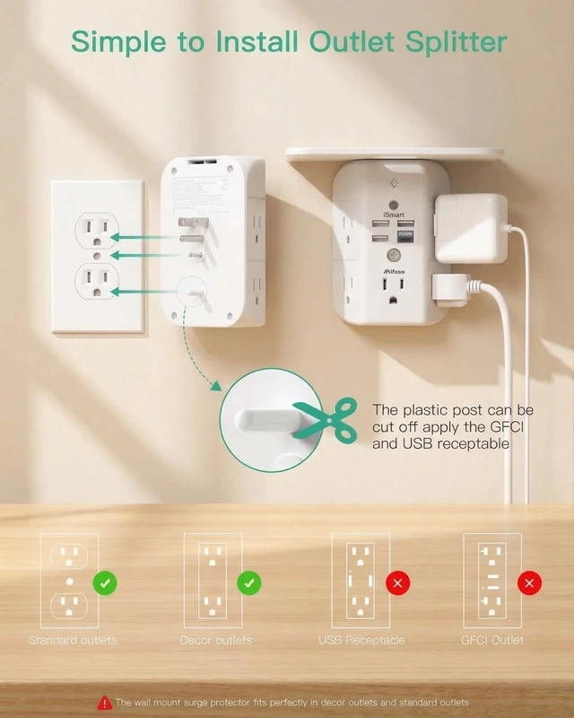 Alt view image 5 of 6 - PD20W Outlet Extender with Shelf & Night Light, Surge Protector 5 AC Outlets, 3 USB-A, 1 USB-C, 3-Sided Wide-Space, Multi-Plug Outlet Splitter, 1800J, Ideal for Office, Dorm, RV, Travel