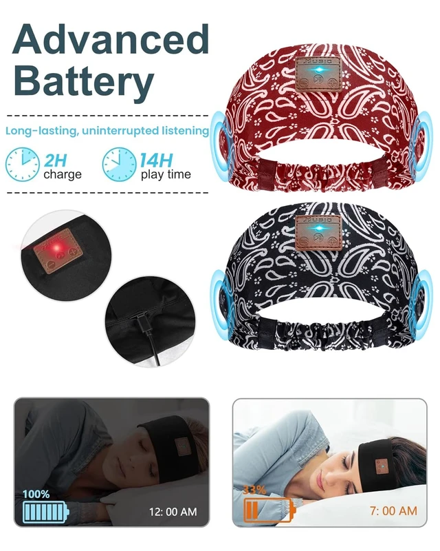 Alt view image 3 of 6 - 2-Pack Sleeping Headphones, Headband Headphones with Thin Speakers Wireless Bluetooth Headband for Running Sports Workouts Yoga Travel Meditation Gift for Men Women - Pattern Black&Pattern Red