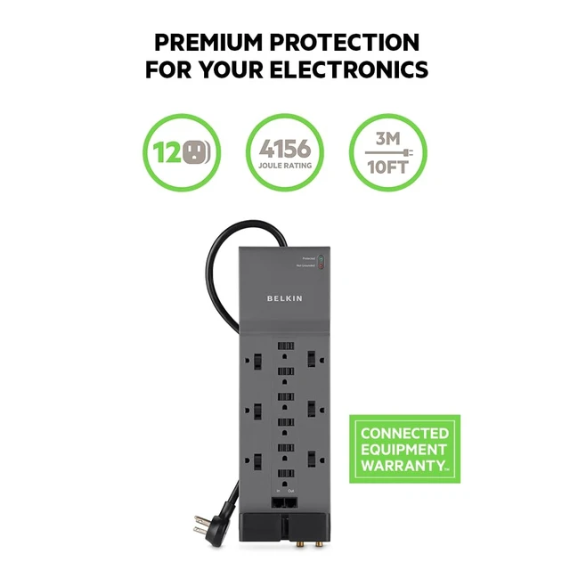 Alt view image 2 of 5 - 12-Outlet Power Strip Surge Protector with 10-Foot Cord and Telephone, Ethernet, Coaxial Protection, BE112234-10, Gray -(Pack of 3)
