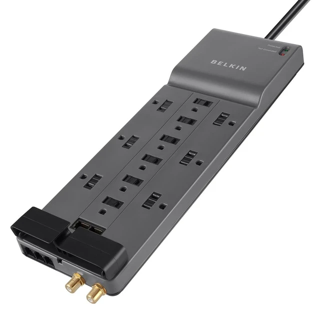 Alt view image 3 of 5 - 12-Outlet Power Strip Surge Protector with 10-Foot Cord and Telephone, Ethernet, Coaxial Protection, BE112234-10, Gray -(Pack of 3)