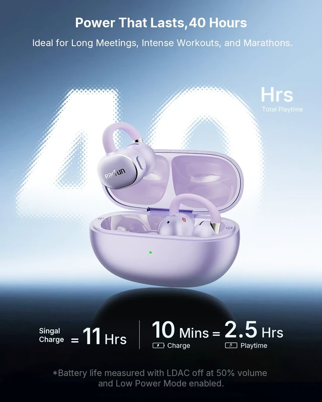 Alt view image 6 of 7 - Clip 2 Open Ear Earbuds, Clip On Headphones, AI Translation Earbuds LDAC, Hi-Res Audio, Bluetooth 6.0 for Running, Workout, 12mm Titanium Driver, 4 Mics AI Clear Call, Secure Fit, 40H, Violet