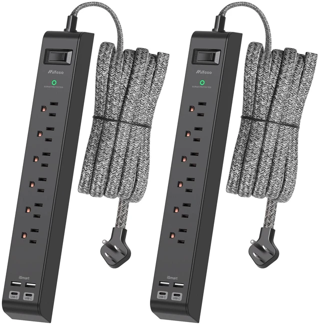 Main image of 2 Pack 10Ft Extension Cord with Multiple Outlets, Flat Plug Surge Protector Power Strip with 6 Outlets 4 USB Ports, Wall Mount for Home Office, Dorm, Black